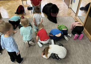 Zdjęcie przedstawia dzieci podczas zabaw z psem