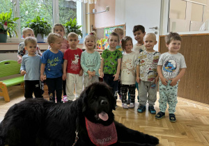 Zdjęcie przedstawia dzieci podczas zabaw z psem