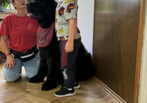 Zdjęcie przedstawia dzieci podczas zabaw z psem