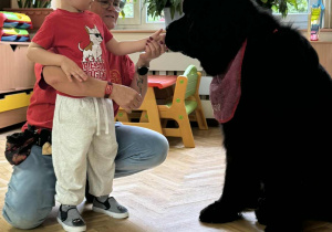 Zdjęcie przedstawia dzieci podczas zabaw z psem