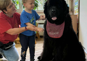 Zdjęcie przedstawia dzieci podczas zabaw z psem