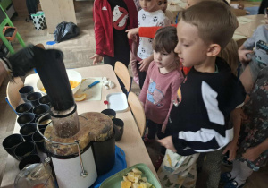 Zdjęcie przedstawia dzieci podczas robienia soku z owoców