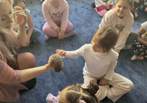 Zdjęcie przedstawia dzieci w trakcie spotkania ze zwierzętami