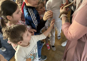 Zdjęcie przedstawia dzieci w trakcie spotkania ze zwierzętami